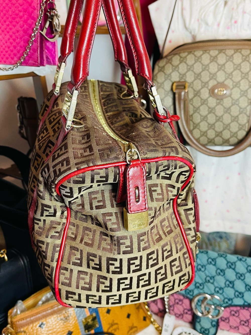 Fendi Authentic Brown Zucca Canvas Satchel with Red Leather Trim - Picture 5 of 15